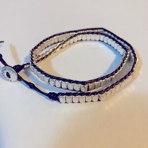 𝅺STELLA & Dot silver beaded wrap bracelet leather accents
